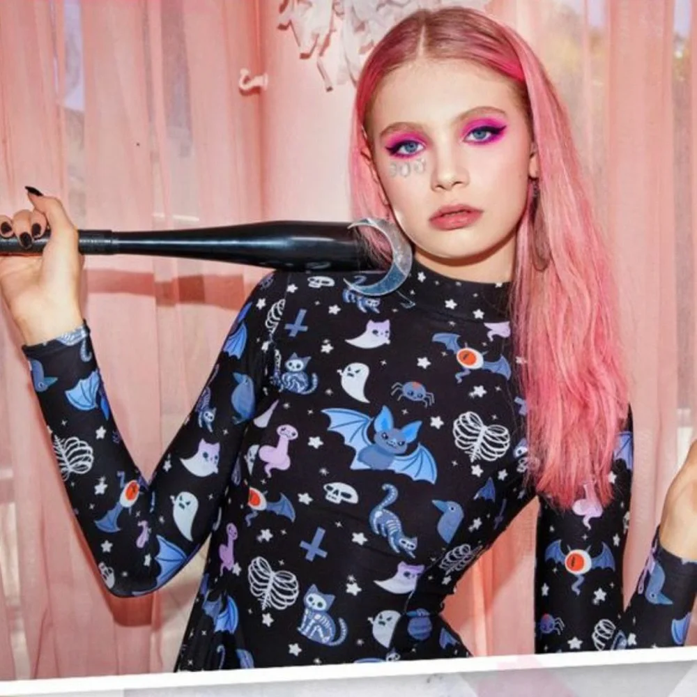 Black Milk Hauntingly Cute Evil Mini Long Sleeve Skater Dress XS BMC Halloween - Picture 3 of 7